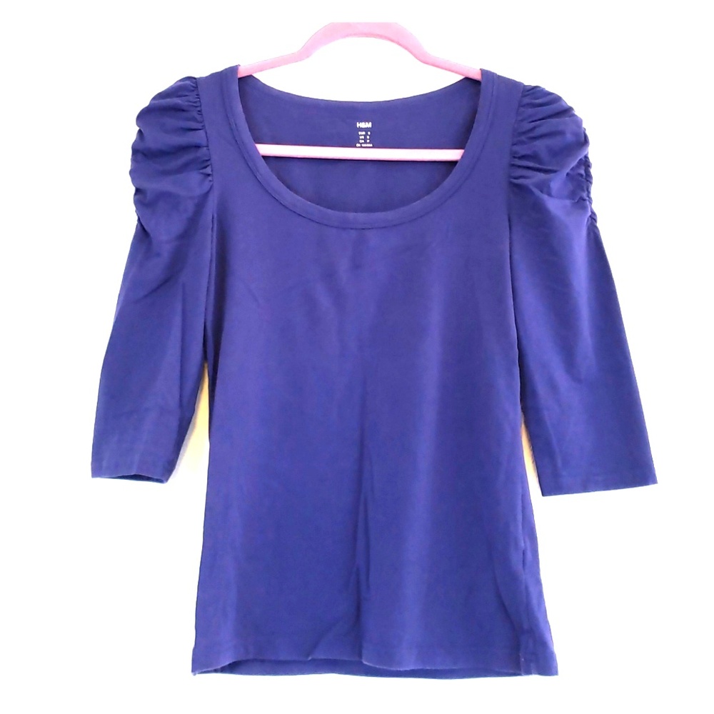 Pretty Ruched Sleeve Purple 3/4 Sleeve Tee Shirt
